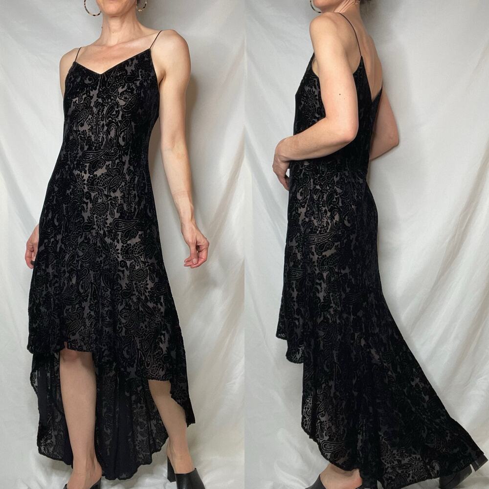 Vintage 90s Y2K velvet burnout slip dress hi-lo train hem black whimsigoth prom - Picture 15 of 15